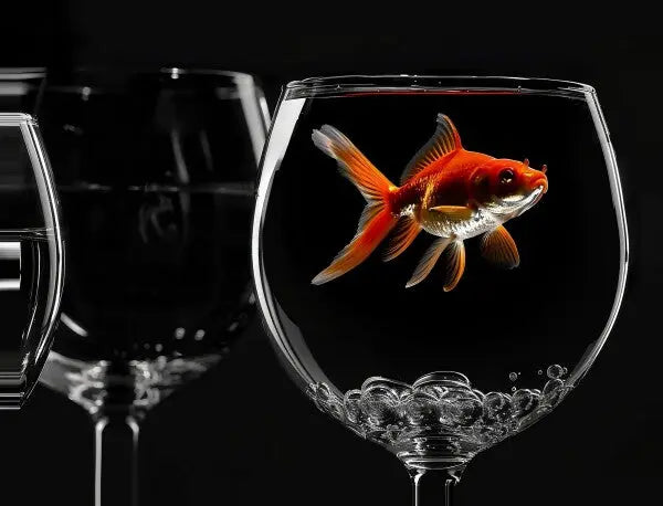 Poisson rouge nageant dans un verre noir et blanc élégant.