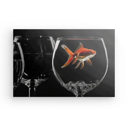 Tableau de poisson rouge dans un verre noir et blanc.