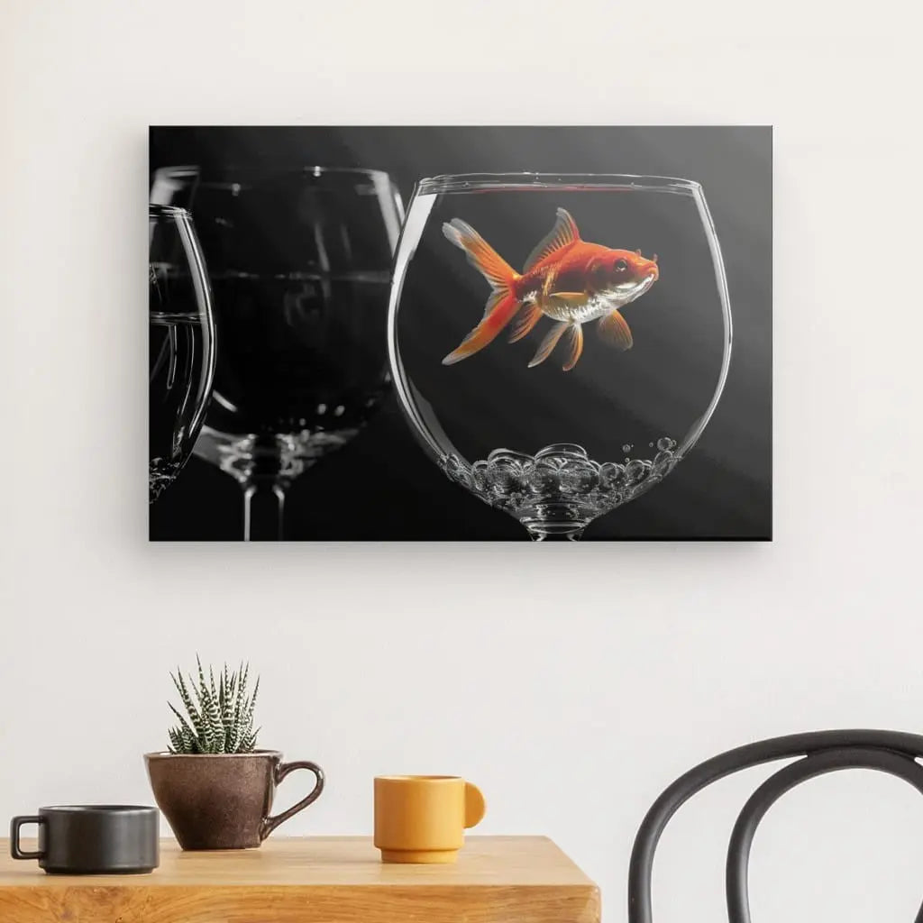 "Art print of goldfish in glass against black background."