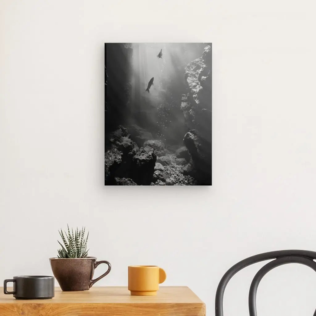 Tableau noir et blanc de poissons sous-marins dans un décor océanique.