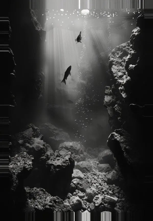 Tableau noir et blanc de poissons sous-marins dans un paysage aquatique.