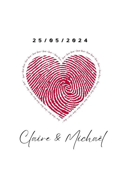 Motif cœur à empreinte digitale avec les mots « love » formant son pourtour, la date « 25/05/2024 » au-dessus, et « Claire & Michaël » en dessous en police cursive. Ce Tableau Couple Personnalisé Coeur présente un effet noir et blanc classique et est imprimé en haute définition.