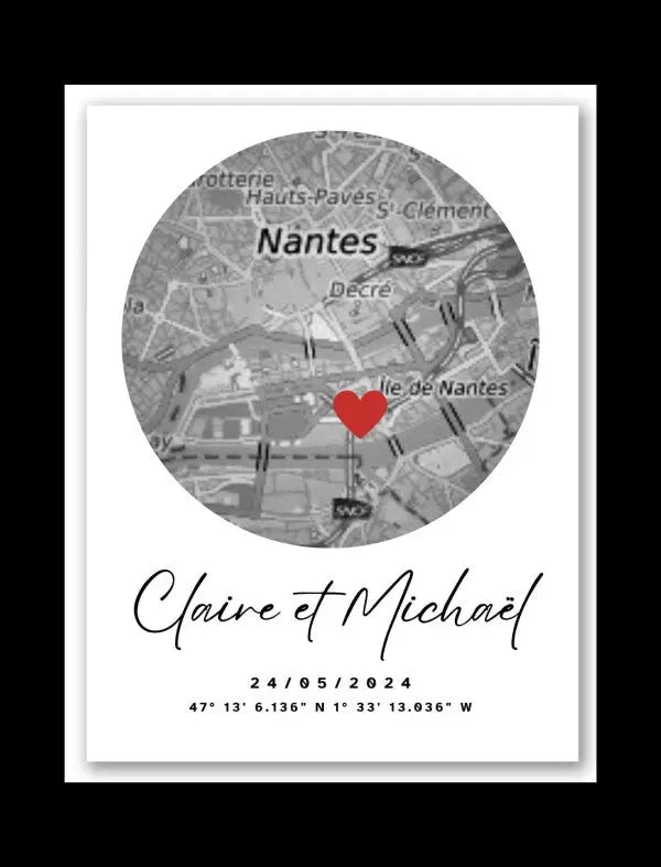 Une toile de haute qualité représentant un plan de Nantes avec un coeur rouge marquant un lieu labellisé "Claire et Michaël", daté du 24/05/2024, et coordonnées 47° 13' 6.136" N 1° 33' 13.036" W ci-dessous - un Perfect Tableau Personnalisé Couple Carte Prénoms et Date.