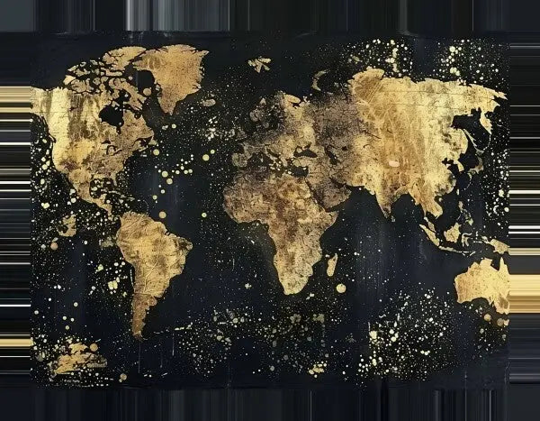 Le Tableau Mapmonde Dorée et Noire présente des continents dorés et des océans noirs, rehaussés d'accents dorés éclaboussés et d'éléments de design abstraits, ce qui en fait une pièce parfaite pour une décoration contemporaine.