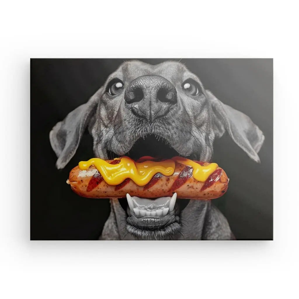 Monochrome dog art with colorful hot dog and mustard.