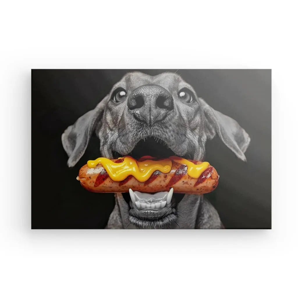 Monochrome dog art holding a colorful hot dog with mustard.