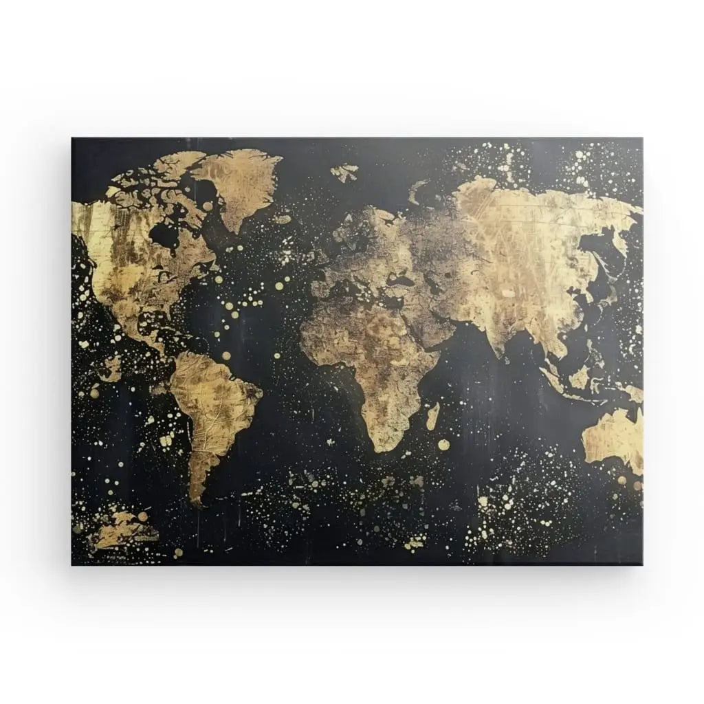 Le Tableau Mapmonde Dorée et Noire, mettant en valeur les continents sur un fond noir saisissant avec des éclaboussures d'or dispersées, constitue une œuvre d'art exquise, parfaite pour un décor contemporain.