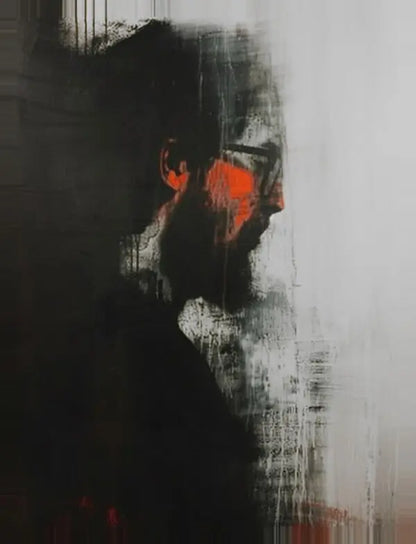 Le Tableau Portrait Homme Peinture Noir Blanc Orange est une peinture sombre et abstraite représentant la silhouette de profil d'un homme avec des lunettes, texturée en noir et blanc, avec des reflets orange saisissants sur le visage.