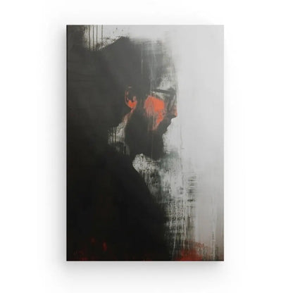 Le « Tableau Portrait Homme Peinture Noir Blanc Orange » représente une personne de profil, portant des lunettes sur un fond texturé qui mélange habilement les teintes noires, blanches et orange. Cette création abstraite offre une apparence partiellement obscurcie, ce qui en fait un complément idéal aux décorations modernes et ajoute une touche d'art contemporain à n'importe quel espace.