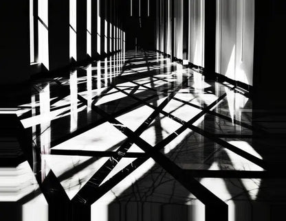 Black and white architectural shadows on marble floor.