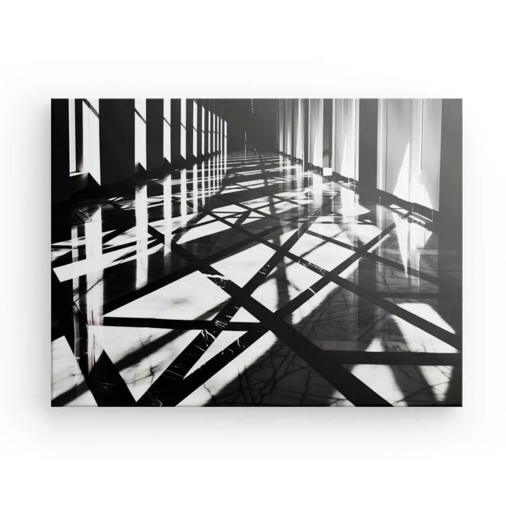 Black and white architectural print showcasing light and shadow patterns.