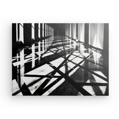 Black and white architectural print showcasing light and shadow patterns.