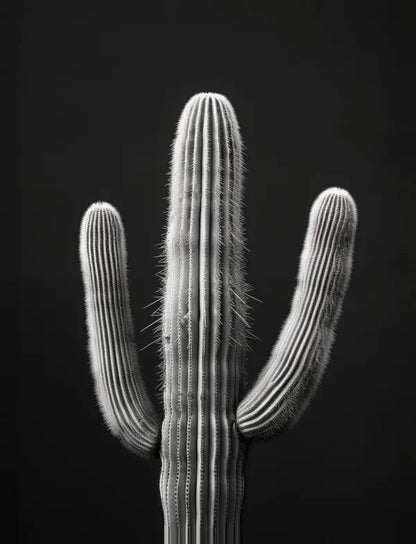 Le Tableau Cactus Désert Monochrome Fond Noir présente une photo en noir et blanc d'un cactus à trois bras sur un fond sombre, ce qui le rend parfait pour une décoration contemporaine minimaliste.