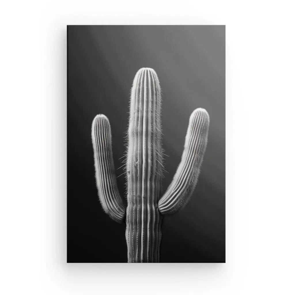 Description du produit pour Tableau Cactus Désert Monochrome Fond Noir : 
Cette photographie monochrome saisissante présente un grand cactus à trois bras sur un fond uni. Le bras central est le plus haut, flanqué de deux bras plus courts de chaque côté. Les crêtes et les épines proéminentes de la plante se détachent vivement, faisant de cette pièce une superbe œuvre d'art noir et blanc idéale pour une décoration contemporaine minimaliste.