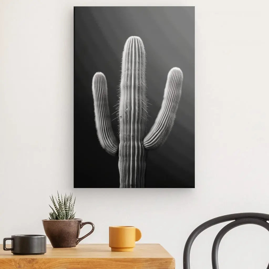 Un tableau cactus désert monochrome fond noir est accroché sur un mur blanc au-dessus d'une table en bois avec deux tasses et une petite plante en pot, à côté d'une chaise noire. Cette décoration contemporaine minimaliste respire la simplicité et l'élégance.