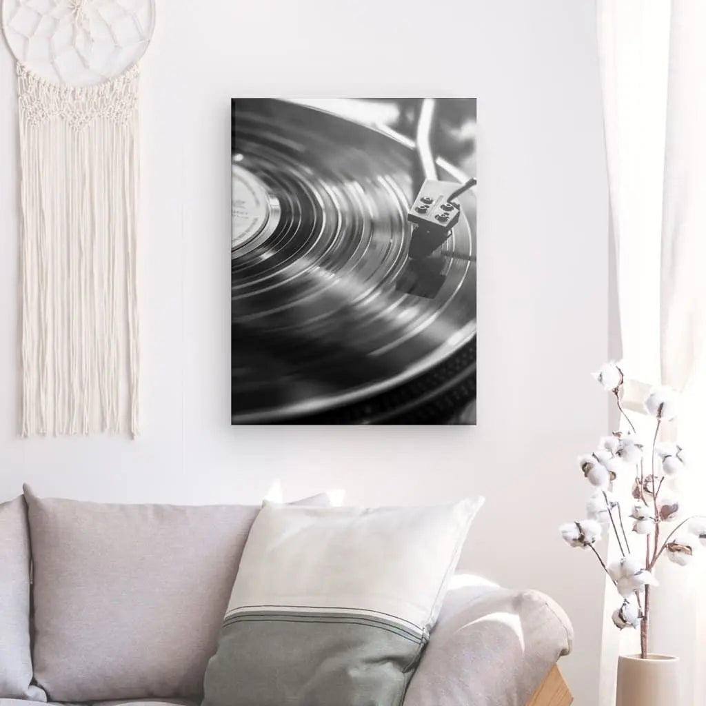 Tableau tournes disque vinyle noir et blanc dans un salon moderne.