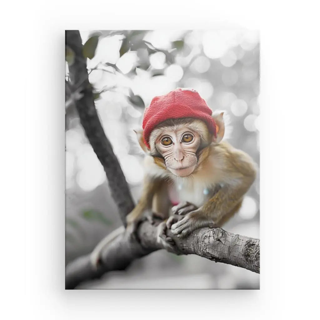 Un jeune singe portant un bonnet rouge est assis sur une branche d'arbre tout en regardant la caméra. Le fond est en niveaux de gris, mettant en valeur le singe et le bonnet, ce qui en fait un "Tableau Singe Marrant Bonnet Rouge Noir et Blanc" parfait pour tout espace de décoration ludique.