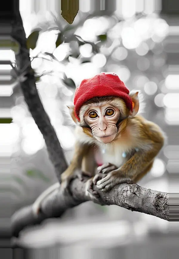 Un jeune singe portant un bonnet en tricot rouge est perché sur une branche d'arbre et regarde directement la caméra. L'arrière-plan flou en niveaux de gris perfectionne le Tableau Singe Marrant Bonnet Rouge Noir et Blanc, mettant en valeur la fourrure brune et le chapeau rouge du singe.