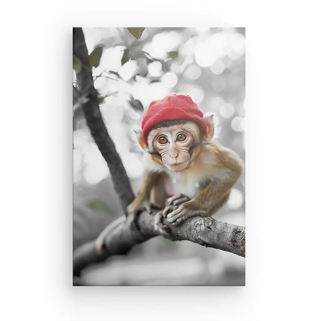 Un jeune singe portant un bonnet rouge est assis sur une branche d'arbre dans ce "Tableau Singe Marrant Bonnet Rouge Noir et Blanc". Le fond est noir et blanc, créant un contraste saisissant avec le singe coloré, ce qui en fait une décoration ludique parfaite.