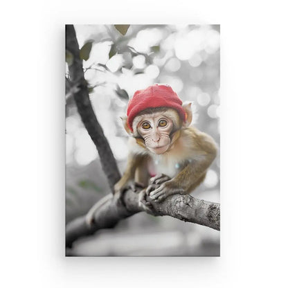 Tableau Singe Marrant Bonnet Rouge Noir et Blanc - #tag1# - #tag2# 