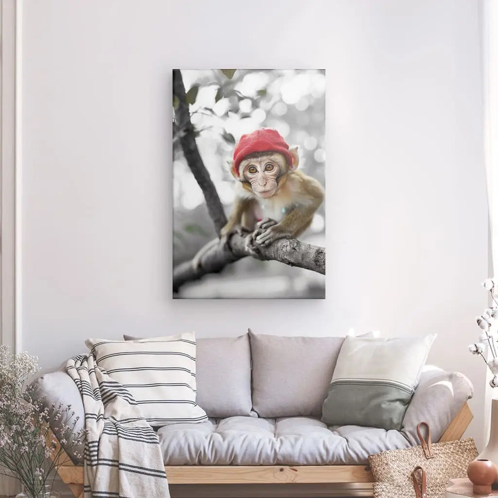 La toile intitulée "Tableau Singe Marrant Bonnet Rouge Noir et Blanc" représentant un singe au chapeau rouge est accrochée sur un mur blanc au-dessus d'un canapé beige avec un oreiller rayé et un coussin vert, ajoutant une touche de décoration ludique à la pièce à la décoration minimaliste.