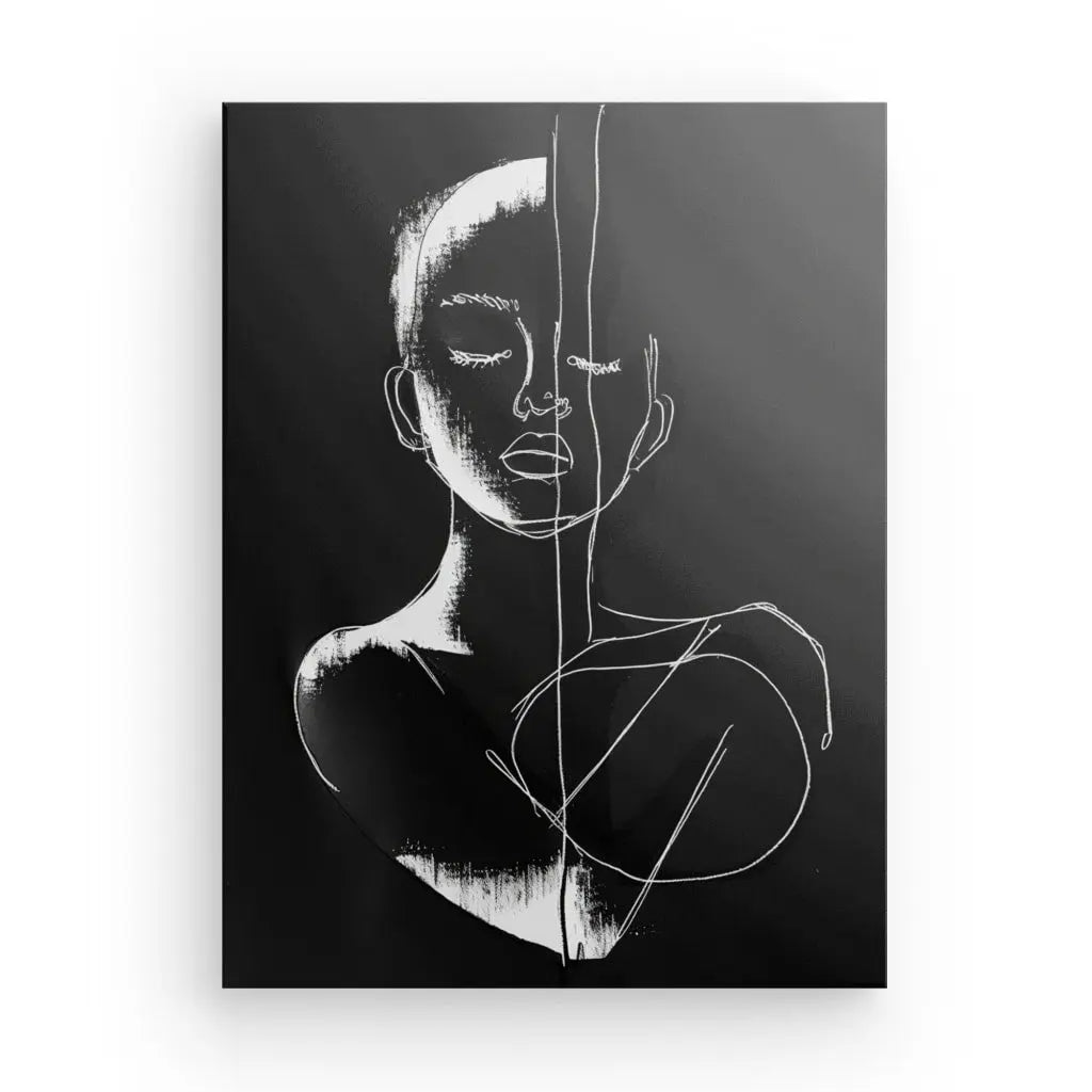 Minimalist monochrome portrait art on black background.