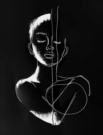 Minimalist monochrome portrait on black background, modern art design.