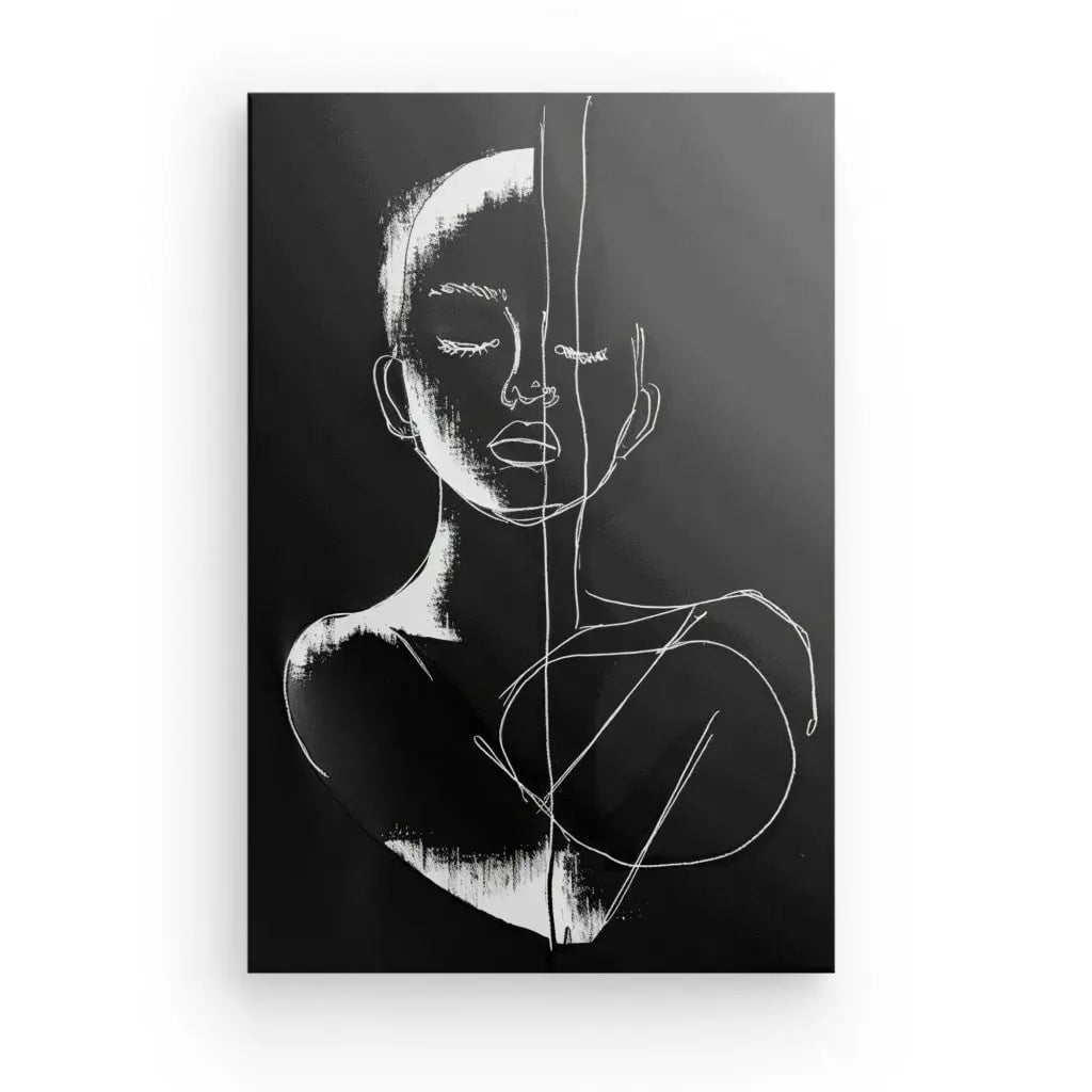 Minimalist monochrome portrait art on black background.