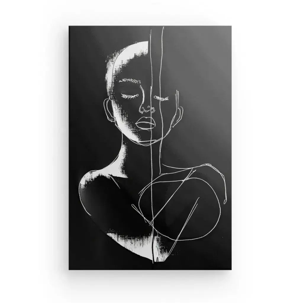 Portrait minimaliste monochrome sur fond noir, art moderne élégant.