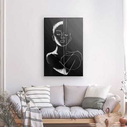 Tableau portrait monochrome minimaliste moderne sur fond noir.