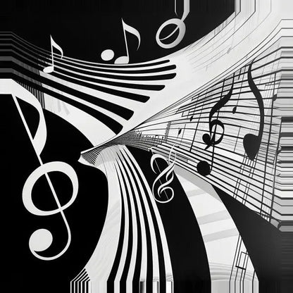 Le Tableau Notes Musique Noir et Blanc présente un tableau abstrait en noir et blanc avec des notes de musique et des lignes disposées selon un motif dynamique et fluide ; parfait pour ajouter une touche de décoration sophistiquée à n'importe quel espace.