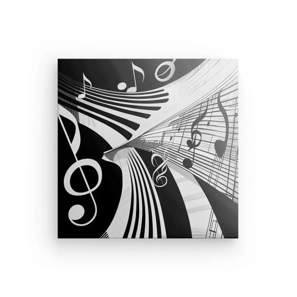 Le Tableau Notes Musique Noir et Blanc présente des œuvres d'art abstraites en noir et blanc avec des notes de musique et des lignes de portée, ornées de courbes dynamiques et fluides, une pièce idéale pour ajouter une touche de décoration sophistiquée à n'importe quel espace.