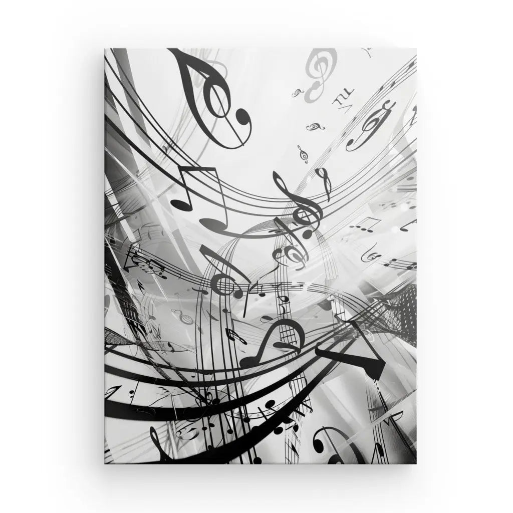 Monochrome music-themed wall art featuring abstract musical notes and staff.