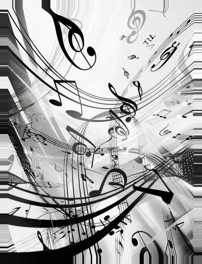 Monochrome abstract art featuring musical notes and symbols.