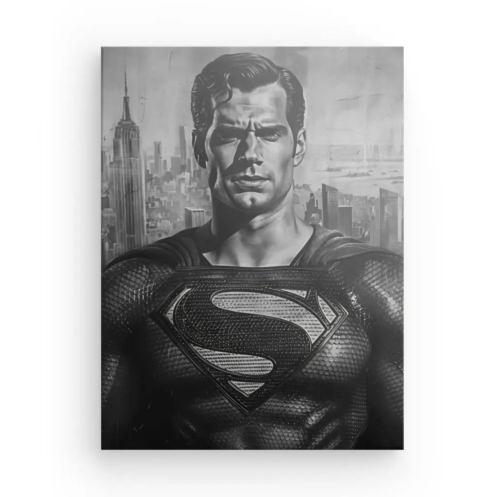 Tableau noir et blanc de Superman avec fond urbain.