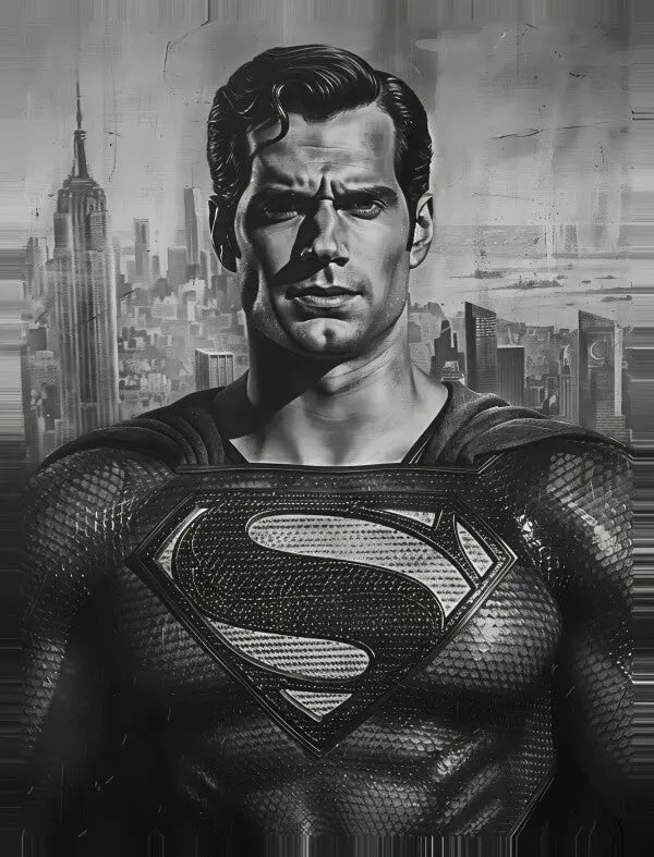 Tableau Dessin Superman en noir et blanc, art mural stylisé.