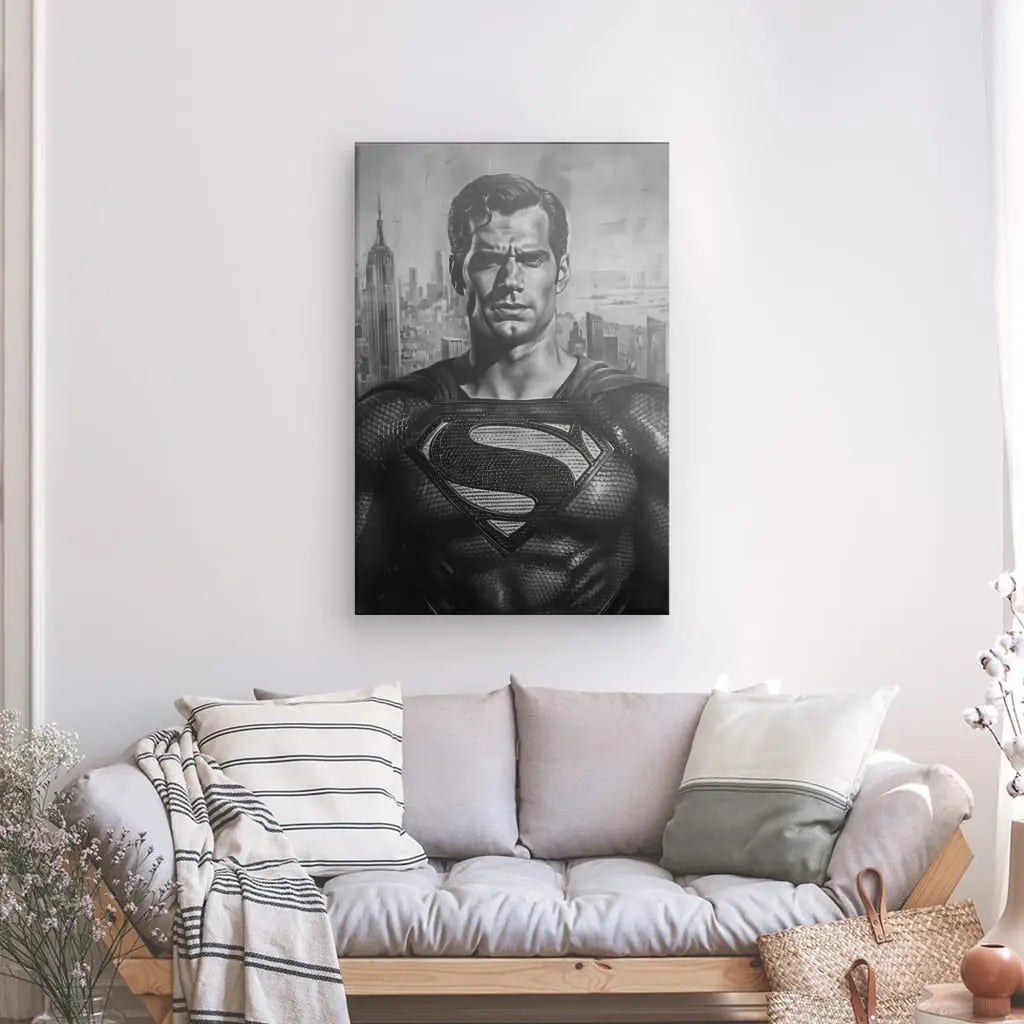 Tableau noir et blanc de Superman décoratif pour intérieur moderne.