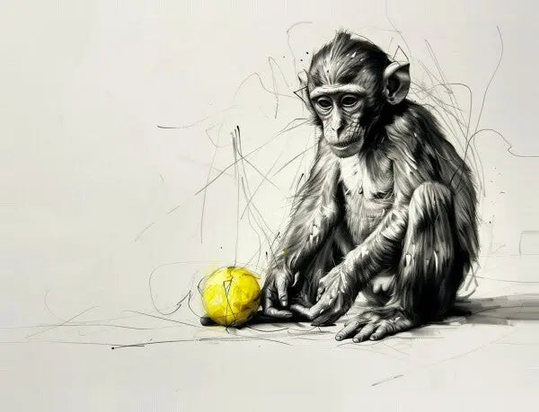 **Tableau Dessin Singe Balle Jaune Noir et Blanc** présente un dessin au crayon d'un singe assis par terre, légèrement tourné vers la droite avec une boule jaune placée près de ses pattes avant. L'arrière-plan est uni avec des lignes d'esquisse, créant une œuvre d'art parfaite pour un décor moderne en tant qu'œuvre d'art unique.