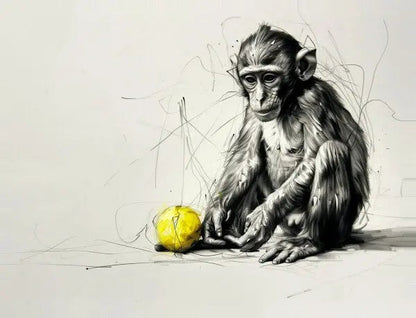 Tableau Dessin Singe Balle Jaune Noir et Blanc - #tag1# - #tag2# 