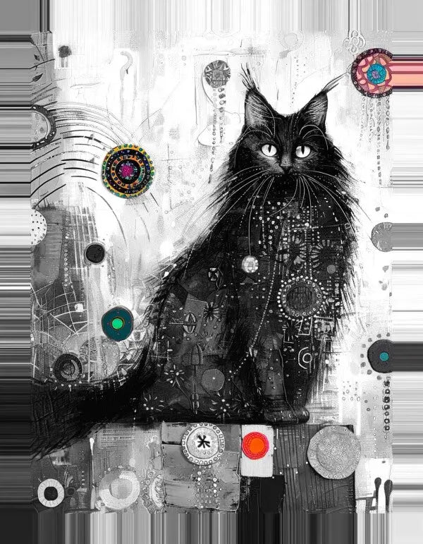 Artistic black cat illustration with colorful abstract accents.