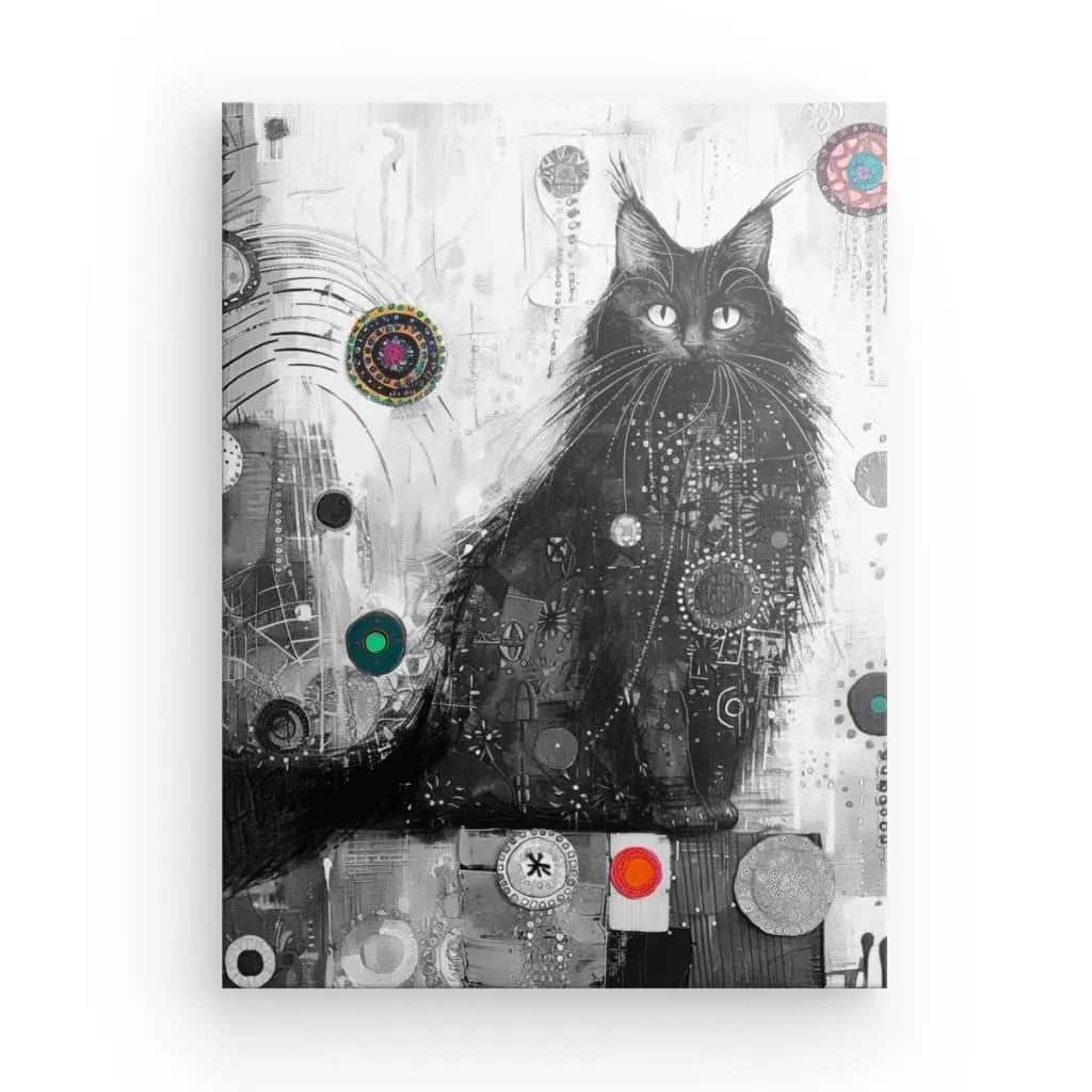 Tableau de chat noir avec motifs colorés et modernes.