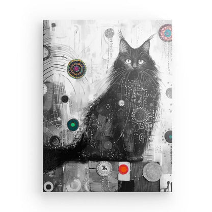 Tableau de chat noir avec motifs colorés et modernes.