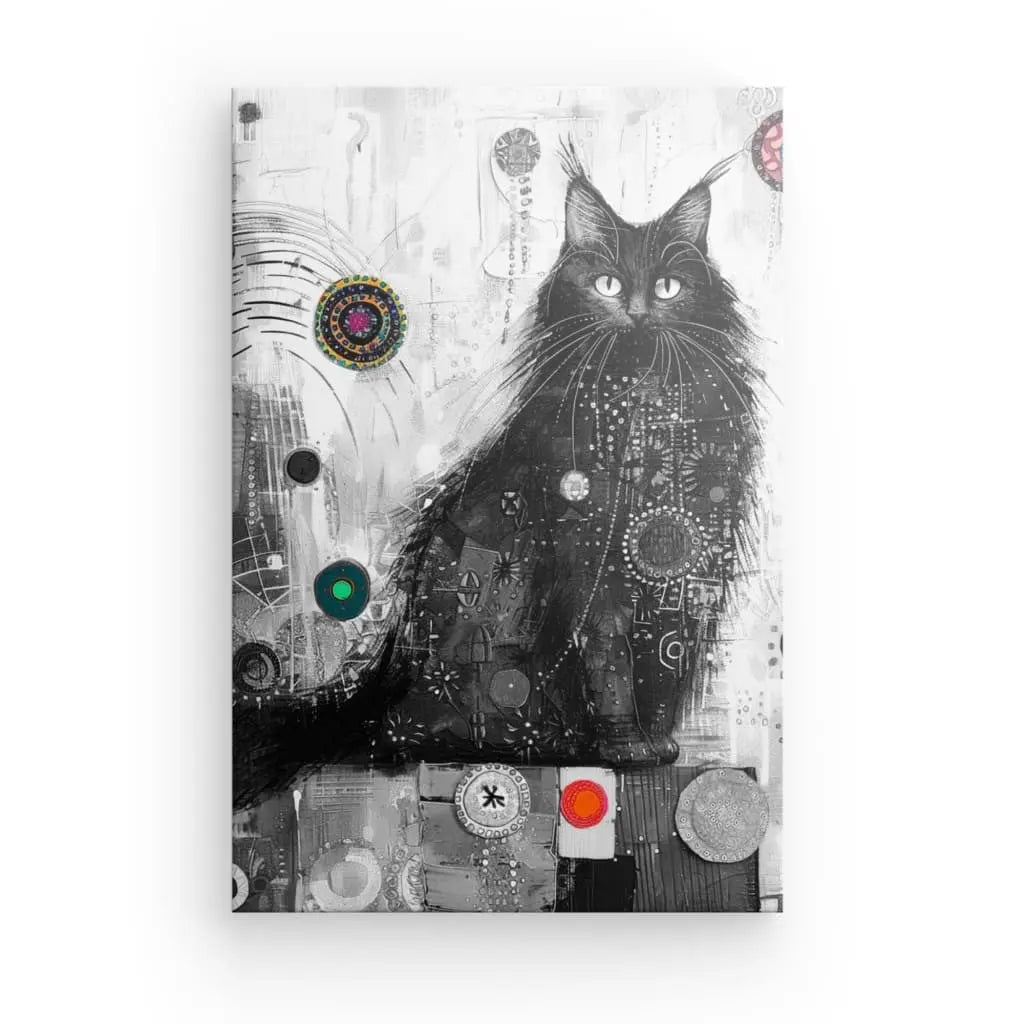 Art print of a black cat with colorful accents.