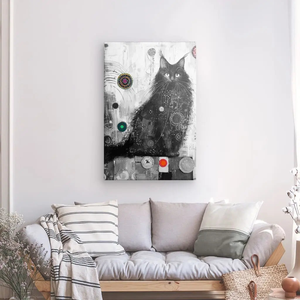 Artistic black cat portrait with colorful accents for home decor.