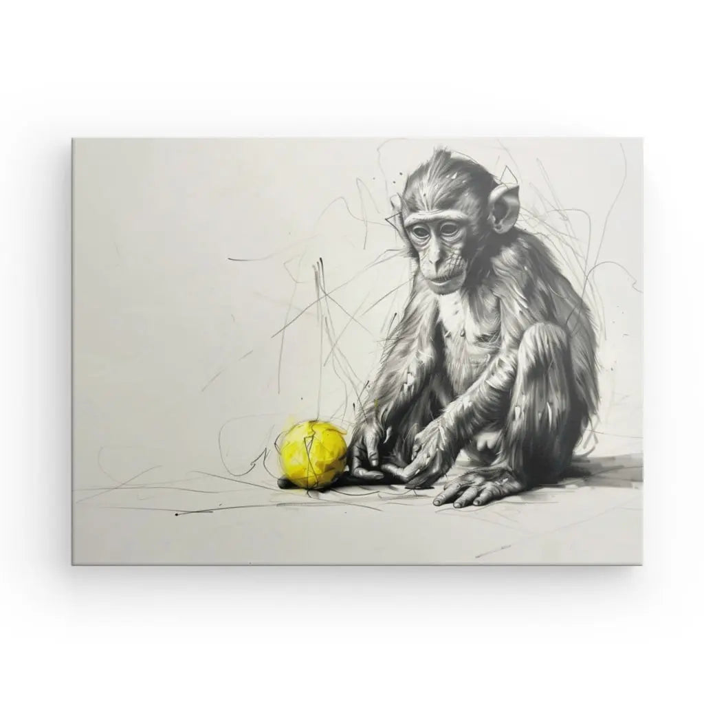 Le Tableau Dessin Singe Balle Jaune Noir et Blanc est une illustration en noir et blanc d'un petit singe assis à côté d'une balle jaune sur fond blanc. Le singe, représenté avec un regard pensif et des lignes de croquis détaillées mettant en valeur sa fourrure et ses traits, crée une œuvre d'art unique, parfaite pour toute décoration moderne.