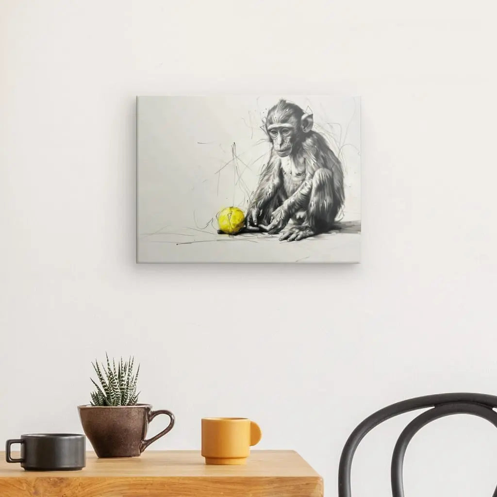 Le Tableau Dessin Singe Balle Jaune Noir et Blanc est accroché sur un mur blanc au-dessus d'une table en bois ornée d'un cactus et de deux tasses, à côté d'une chaise noire, créant une œuvre d'art unique qui rehausse la décoration moderne.