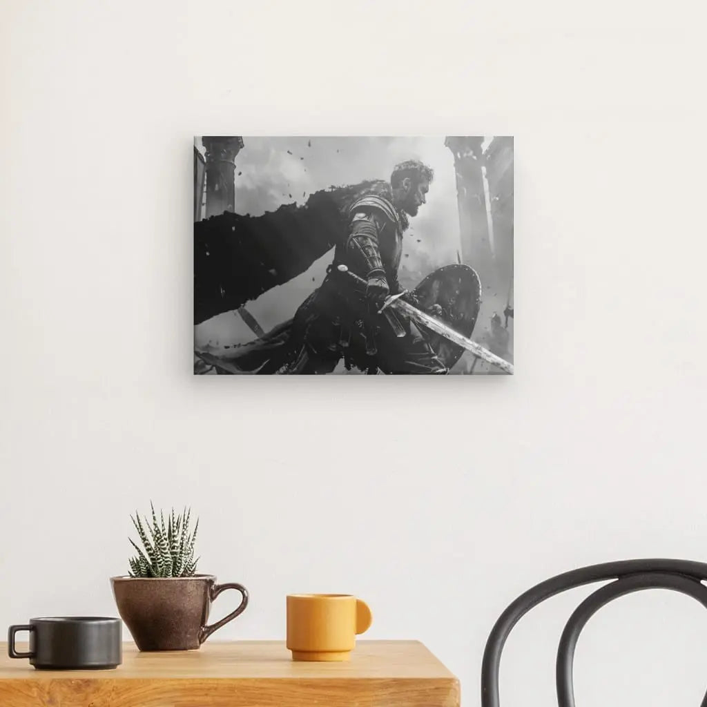 Tableau Gladiateur en noir et blanc sur mur moderne.