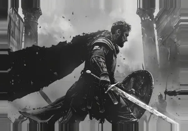 Gladiator artwork in black and white, sword and shield in action.