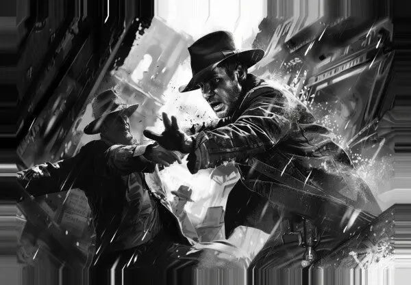 Une image en noir et blanc de deux hommes portant des fedoras et des trench-coats engagés dans une confrontation intense et dramatique dans un environnement urbain chaotique et détrempé par la pluie crée un Tableau Dessin Indiana Jones Aventurier Noir et Blanc captivant.