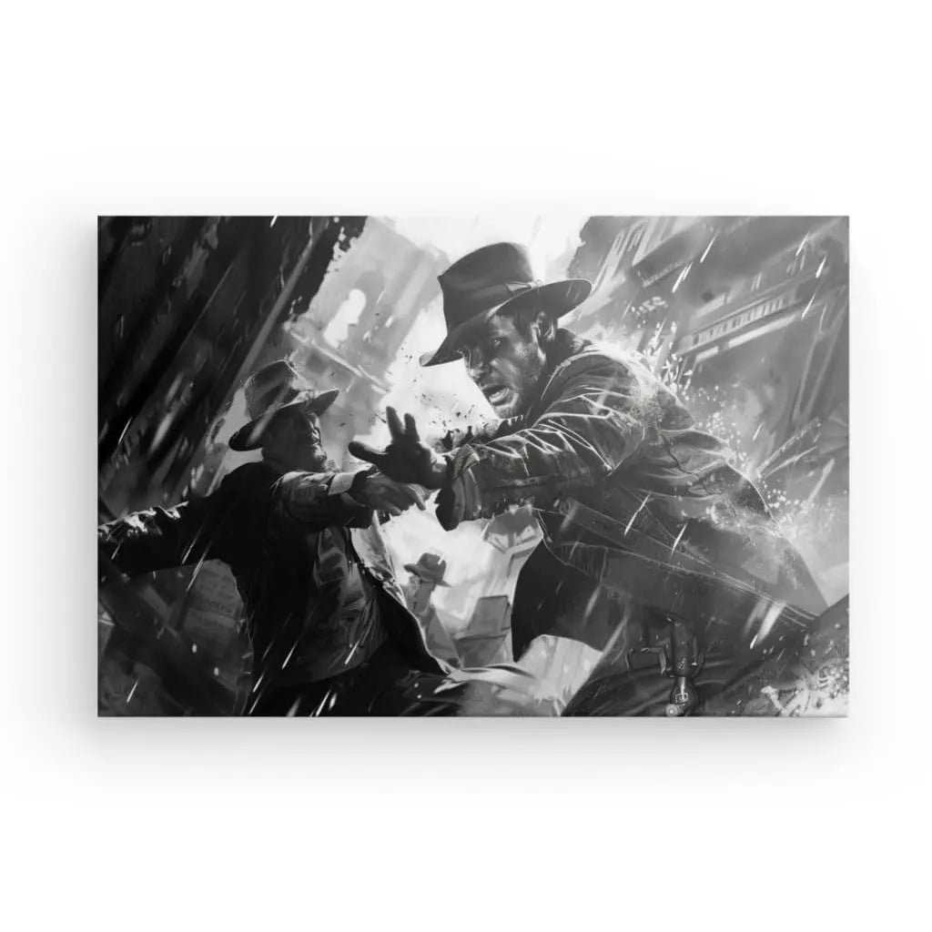 Ce *Tableau Dessin Indiana Jones Aventurier Noir et Blanc* capture une illustration en noir et blanc de deux hommes en trench-coat et chapeaux, rappelant une aventure d'Indiana Jones. Ils se battent férocement dans une ruelle sous une tempête de pluie, un homme saisissant le bras de l'autre alors que tous deux affichent des expressions intenses. Cette pièce est la décoration rétro parfaite pour les amateurs d'art dramatique.